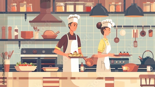 Professional Cafe and Restaurant Workers in Action - Cook and Waiter Concept