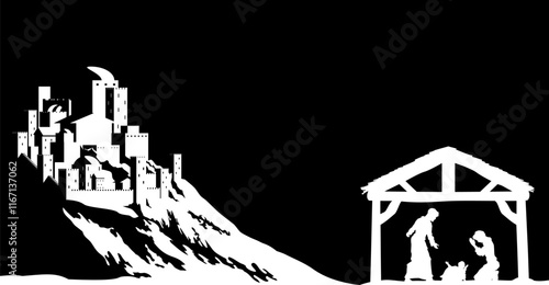 A Christmas nativity scene with baby Jesus in the manger and the city of Bethlehem in the background