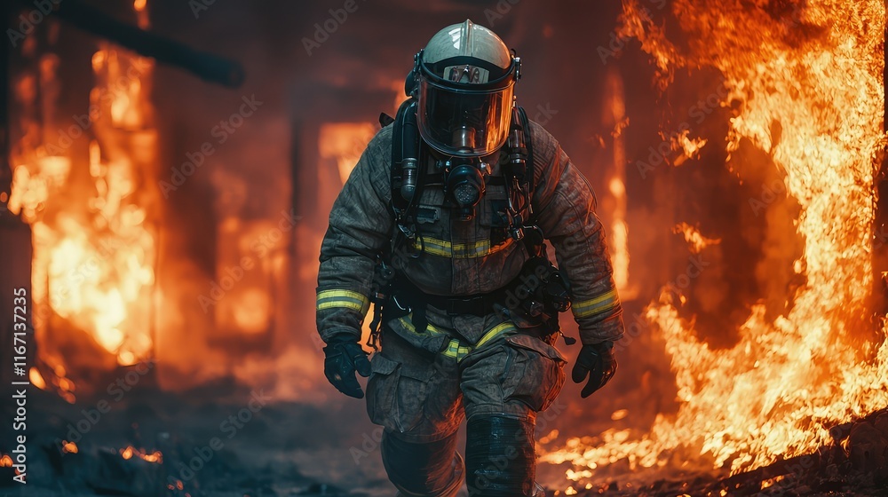 Naklejka premium Brave Firefighter Battling Intense Flames in Dangerous Situation