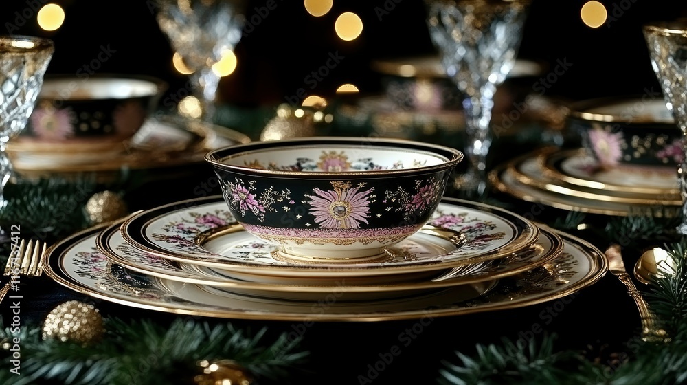 Fototapeta premium Elegant Black and Gold Dinnerware Set on Festive Table Setting