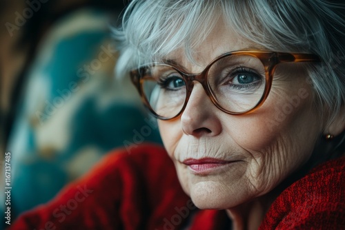 Thoughtful elderly woman in glasses gazes out thoughtfully from a cozy indoor...