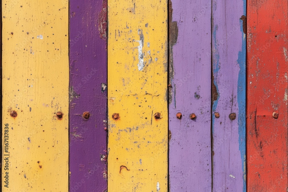 Obraz premium The old iron background is painted yellow, orange, purple, red in with rust and chips