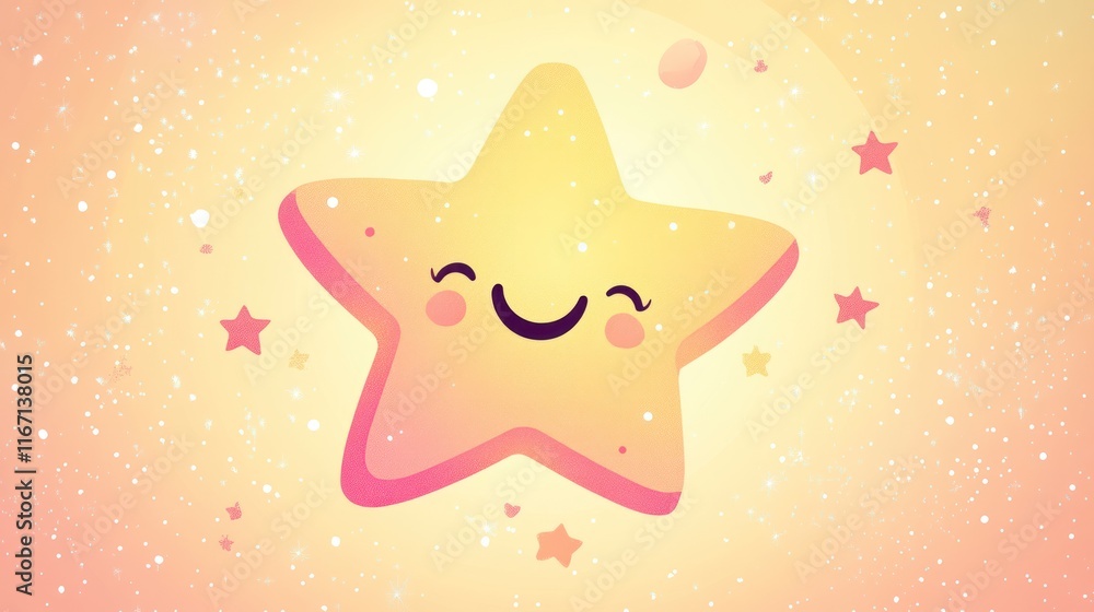 Happy cartoon star in pastel galaxy.