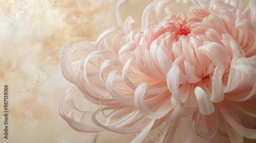 Beautiful pink chrysanthemum bloom with delicate petals on soft background in...