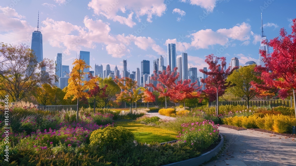 A vibrant urban park showcasing colorful trees, playful shapes, and a serene landscape set against a city skyline. A vibrant urban park showcasing colorful trees, playful shapes, and a serene landscape set against a city skyline.