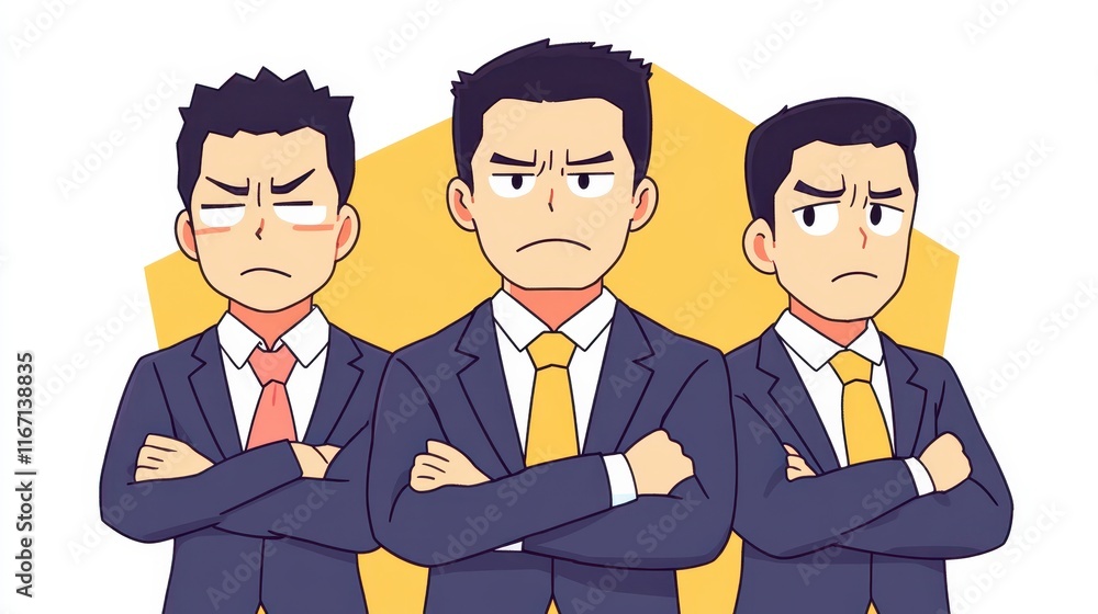 Three Cartoon Businessmen in Stylish Suits Displaying Different Expressions of Confidence and Determination with Arms Crossed in a Simple Bold Background Three Cartoon Businessmen in Stylish Suits Displaying Different Expressions of Confidence and Determination with Arms Crossed in a Simple Bold Background