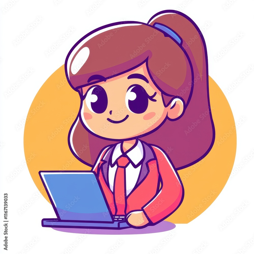 Cute cartoon businesswoman working on a laptop with a friendly smile in a colorful, modern illustration suitable for digital and print media projects. Cute cartoon businesswoman working on a laptop with a friendly smile in a colorful, modern illustration suitable for digital and print media projects.
