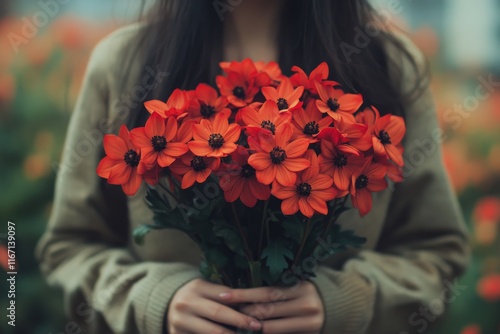 Person holding a bouquet of vibrant orange flowers in a floral garden setting