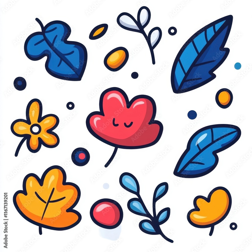 Obraz premium Colorful and Playful Leaf and Flower Pattern Illustration Featuring Various Shapes, Shades, and Textures Ideal for Creative Projects and Designs