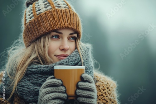 Young woman enjoying a warm drink outdoors in a cozy winter setting with natu...