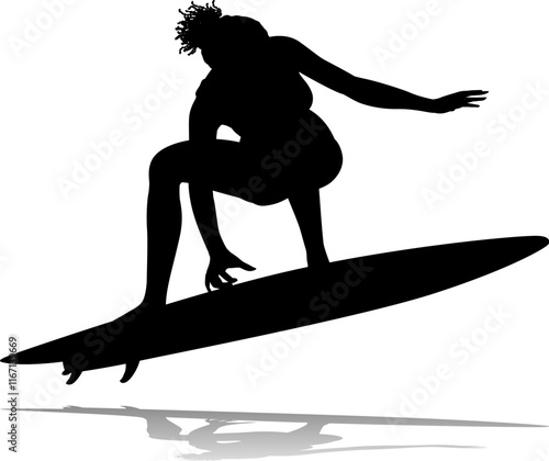Surfer surfboard boarding female surfer surfing silhouette outline. Woman surf pose design concept.