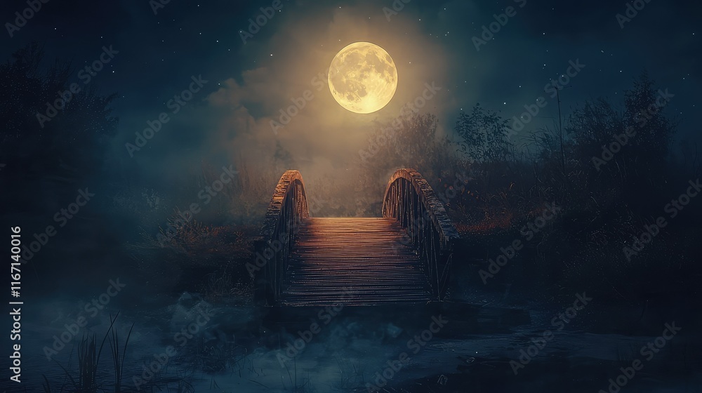 Serene Moonlit Bridge Over Calm Water in Enchanted Night Landscape Serene Moonlit Bridge Over Calm Water in Enchanted Night Landscape
