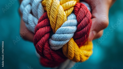 Colorful ropes intertwined together create a vibrant visual display with bold...