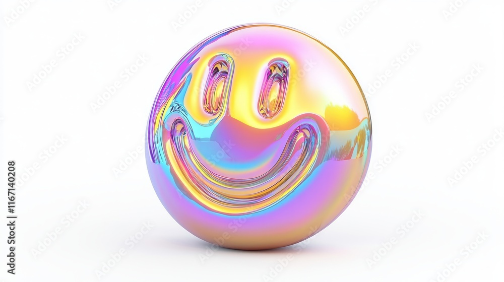 Reflective Chromium Smile 3D Icon with Y2K Swirl Pattern on Isolated White Background Reflective Chromium Smile 3D Icon with Y2K Swirl Pattern on Isolated White Background