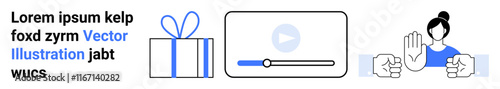 Gift box with blue ribbon, video player with play button, person gesturing no with hands raised. Ideal for concepts of celebration, multimedia, user interface, non-verbal communication, online