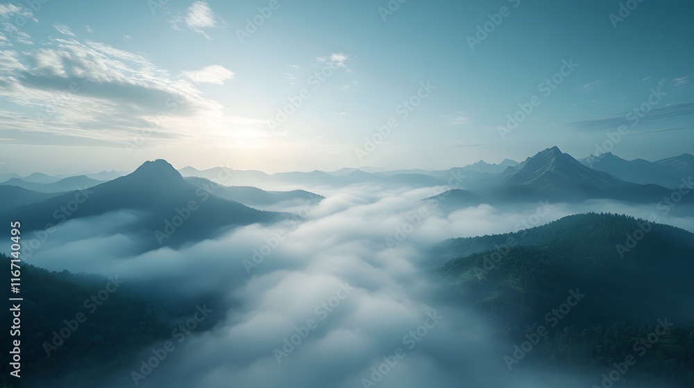 Aerial view of misty mountains with rolling fog, morning sunlight, and blue sky, creating an ethereal, dreamy landscape with cinematic lighting. Aerial view of misty mountains with rolling fog, morning sunlight, and blue sky, creating an ethereal, dreamy landscape with cinematic lighting.