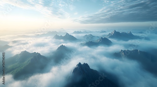 Wallpaper Mural Aerial view of misty mountains with rolling fog, morning sunlight, and blue sky, creating an ethereal, dreamy landscape with cinematic lighting. Torontodigital.ca