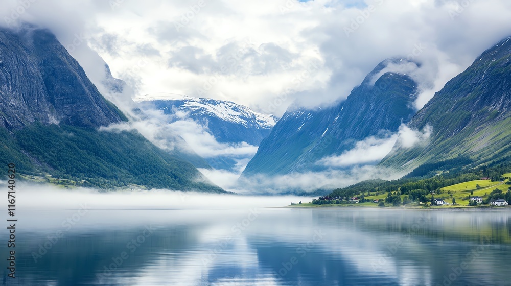 Serene mountain landscape with calm lake and misty clouds, reflecting the tranquil scenery. Serene mountain landscape with calm lake and misty clouds, reflecting the tranquil scenery.