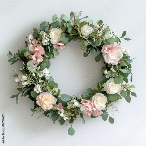 Elegant floral wreath featuring soft roses and greenery for home decoration