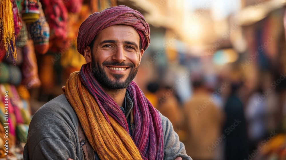 Vibrant market atmosphere captured as a cheerful man greets visitors in a bustling bazaar during golden hour Vibrant market atmosphere captured as a cheerful man greets visitors in a bustling bazaar during golden hour