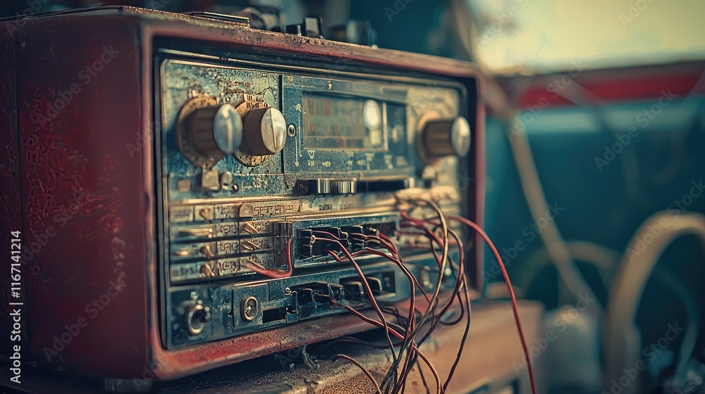 Vintage Radio with Wires and Dust in Abandoned Workshop Scene