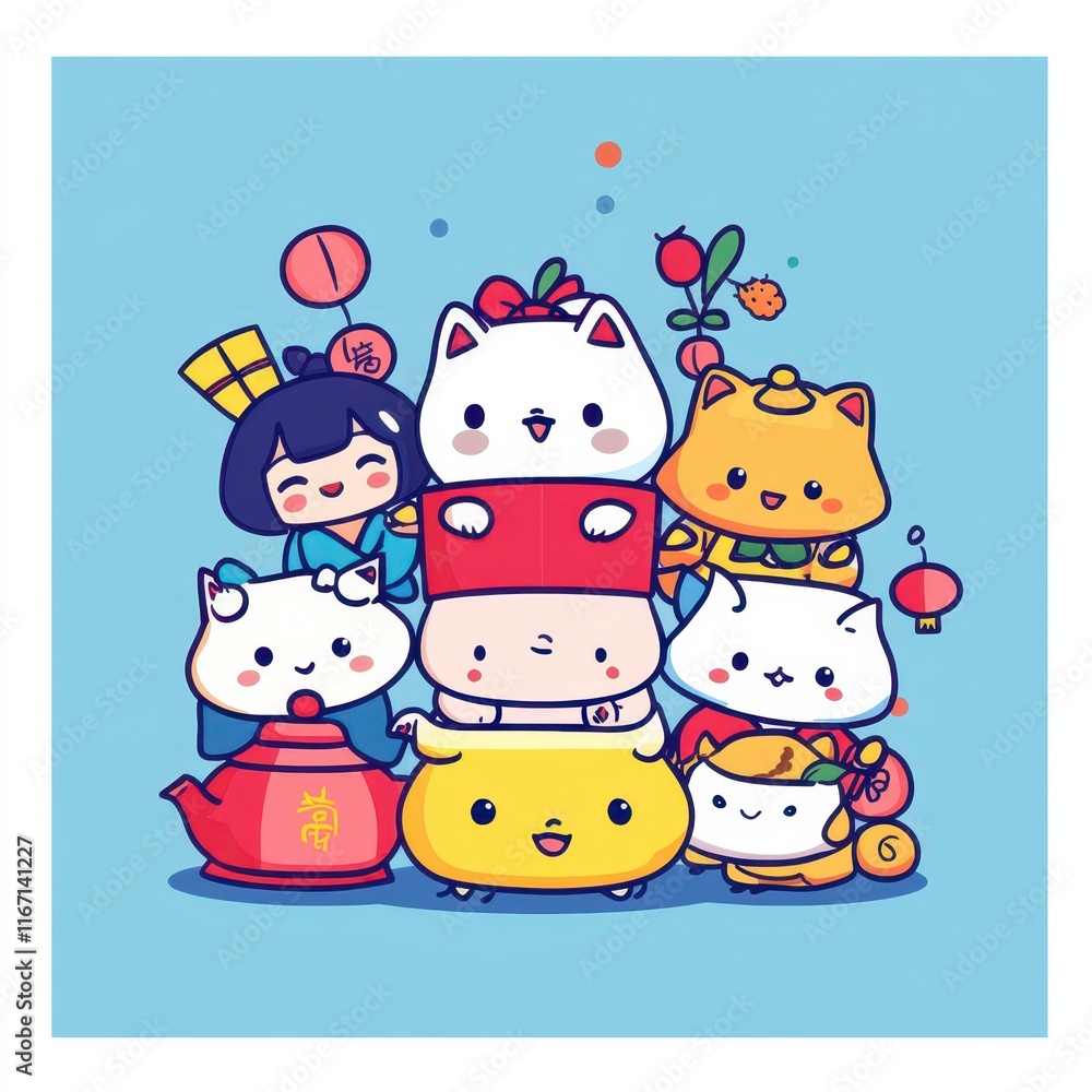 Adorable Cartoon Animals Stacked in a Cheerful Scene with Teapot and Tradition Elements Illustrating Friendship and Joyful Celebration in a Playful Design Adorable Cartoon Animals Stacked in a Cheerful Scene with Teapot and Tradition Elements Illustrating Friendship and Joyful Celebration in a Playful Design