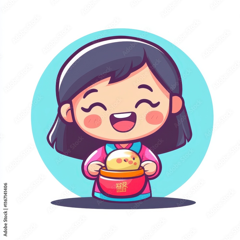 Cheerful Cartoon Girl Holding Steamed Buns in Traditional Outfit, Vibrant Colorful Illustration Ideal for Food Culture, Kids, and Celebrations Cheerful Cartoon Girl Holding Steamed Buns in Traditional Outfit, Vibrant Colorful Illustration Ideal for Food Culture, Kids, and Celebrations