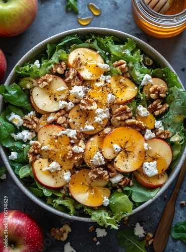 Fresh apple walnut salad with goat cheese and honey dressing on a marble coun...