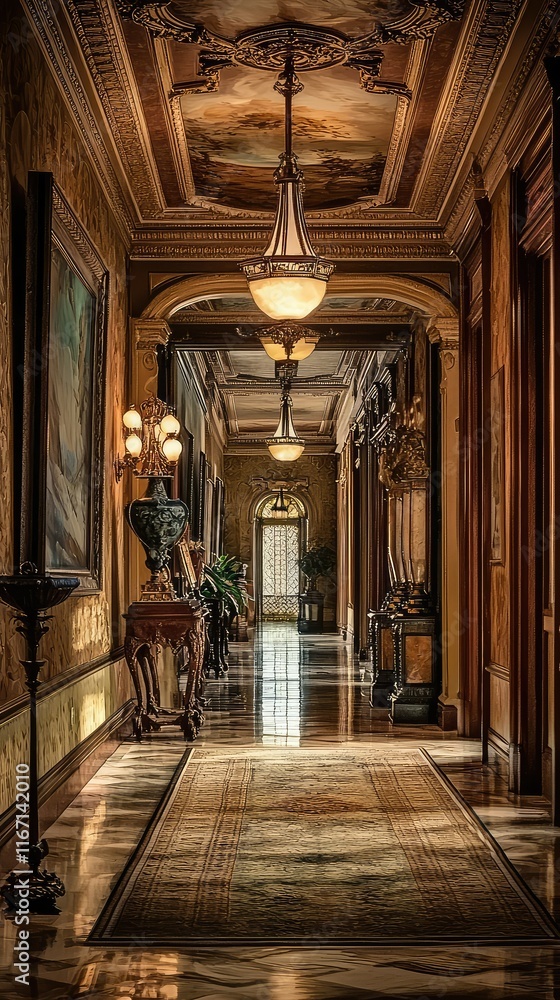 Obraz premium Elegant Historic Hallway with Artistic Details and Warm Lighting