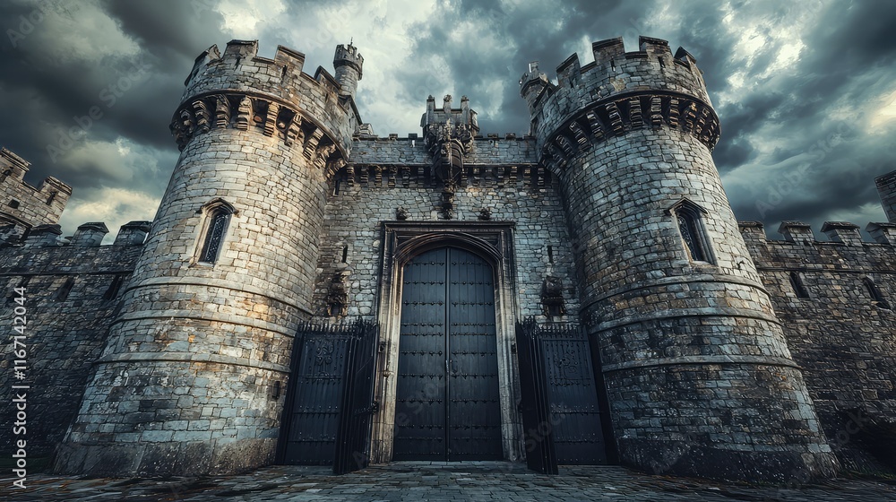 Majestic Stone Castle Entrance Under Dark Stormy Sky Atmosphere Majestic Stone Castle Entrance Under Dark Stormy Sky Atmosphere