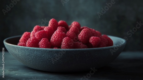 Fresh raspberries in a dark stone bowl on a textured surface capturing the es...