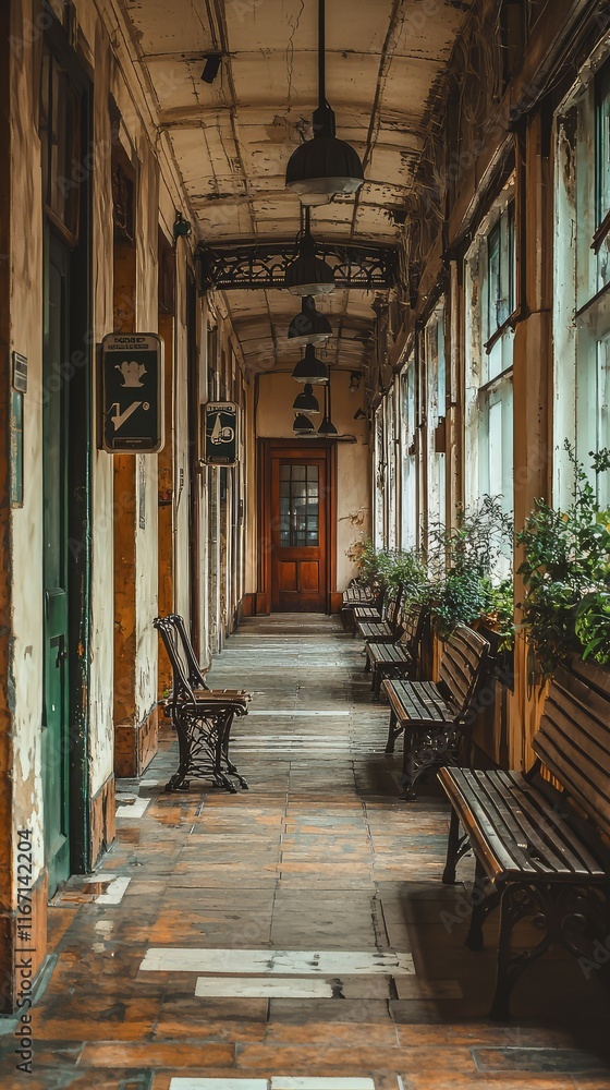 Fototapeta premium Serene Vintage Hallway with Benches and Natural Light