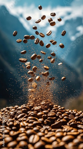 Coffee beans floating in the air above a pile at a dark, atmospheric location