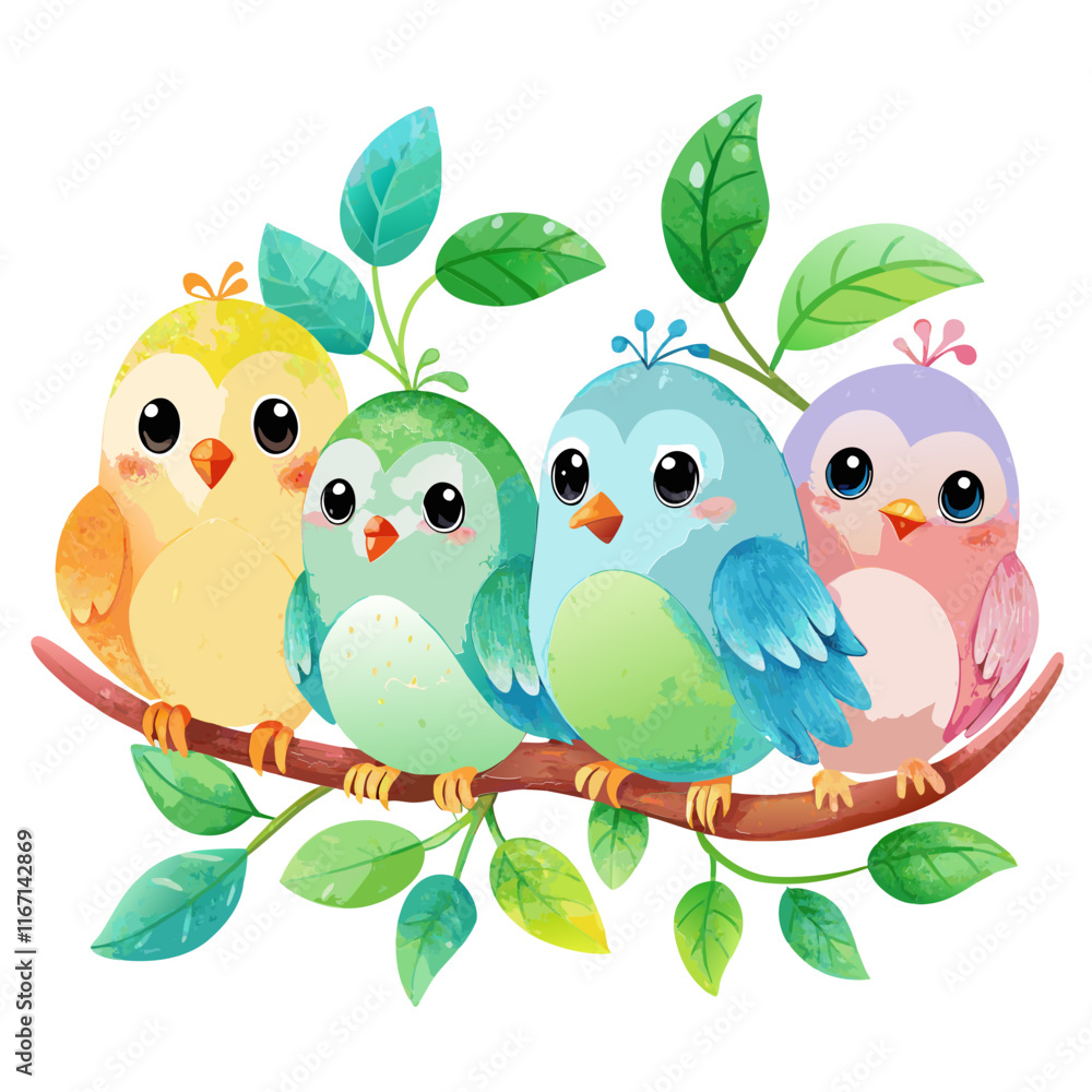Obraz premium Cute cartoon birds, watercolor vector illustration, printable png