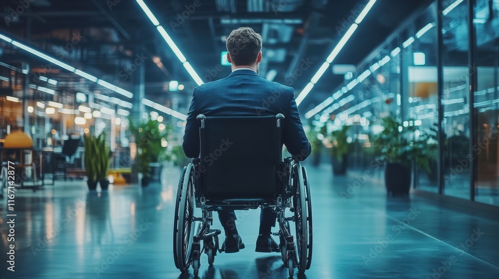 Businessman in a wheelchair navigating a modern office space illuminated by bright lights in the evening Businessman in a wheelchair navigating a modern office space illuminated by bright lights in the evening