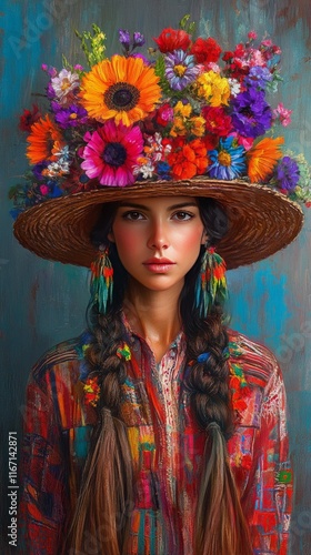 Vibrant portrait of a woman in traditional attire adorned with colorful flowers