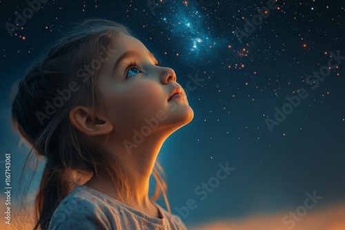 Child gazing at the night sky filled with stars and galaxies
