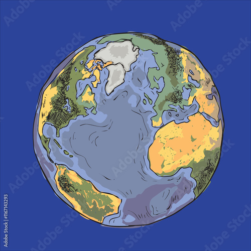 Digital vector illustration of Earth, featuring detailed continents, oceans, and atmospheric layers, designed in a modern and vibrant style. Perfect for educational materials, environmental campaigns,