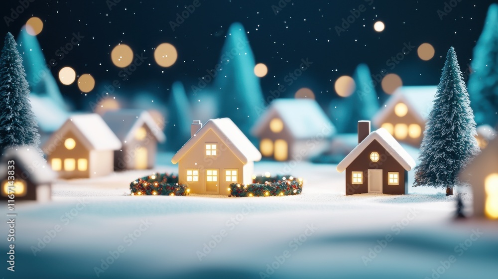 Fototapeta premium Magical Winter Wonderland with Snow-Covered Houses and Twinkling Lights in a Cozy Neighborhood Setting