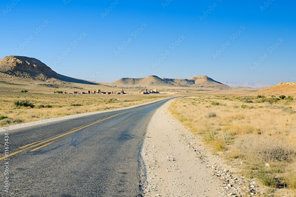 Deserted Highway Leading To Ancient Ruins In Arid Landscape Deserted Highway Leading To Ancient Ruins In Arid Landscape