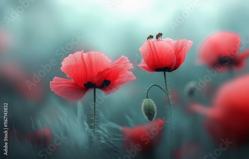 Bright red poppies bloom in a grassy field under a cloudy sky at dawn
