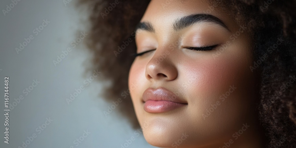 A young woman experiences tranquility as she relaxes with closed eyes, displaying a peaceful expression and healthy skin in gentle light A young woman experiences tranquility as she relaxes with closed eyes, displaying a peaceful expression and healthy skin in gentle light