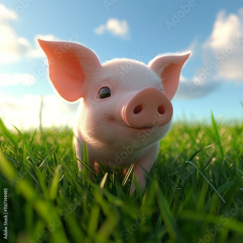 Cute piglet exploring a sunny green field during a bright afternoon