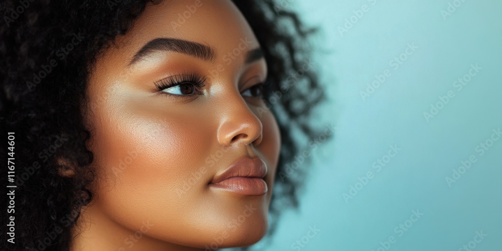 A woman gazes thoughtfully with a serene expression, showcasing her radiant skin and beautiful curly hair in front of a calm blue backdrop A woman gazes thoughtfully with a serene expression, showcasing her radiant skin and beautiful curly hair in front of a calm blue backdrop
