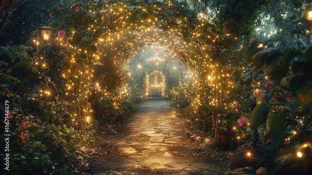 Enchanted Garden Pathway with Twinkling Fairy Lights and Flora Enchanted Garden Pathway with Twinkling Fairy Lights and Flora