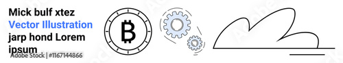 Bitcoin symbol with circular border, two interlocking gears with blue highlights, abstract cloud line art drawing. Ideal for technology, cryptocurrency, blockchain, financial services, innovation