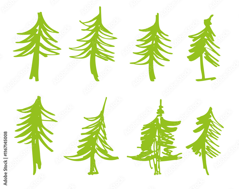 Obraz premium A set of Christmas trees in the doodle style hand-drawn