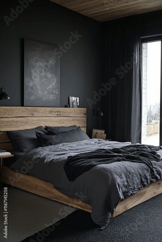 Modern dark bedroom with wood accents and cozy bedding in a stylish setting