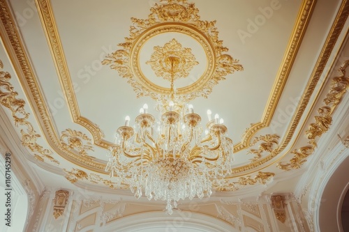 Luminous chandelier enhances the grandeur of an intricately designed ceiling in a historic ballroom setting. Generative AI