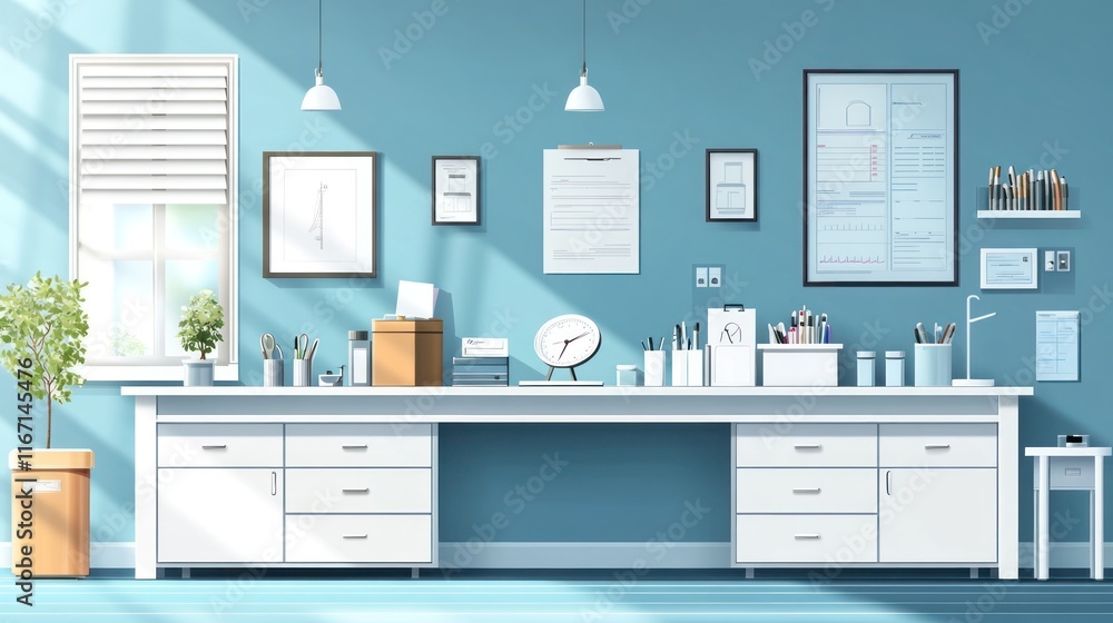 Sunlit modern office workspace with long white desk, cabinets, and wall decor. Sunlit modern office workspace with long white desk, cabinets, and wall decor.